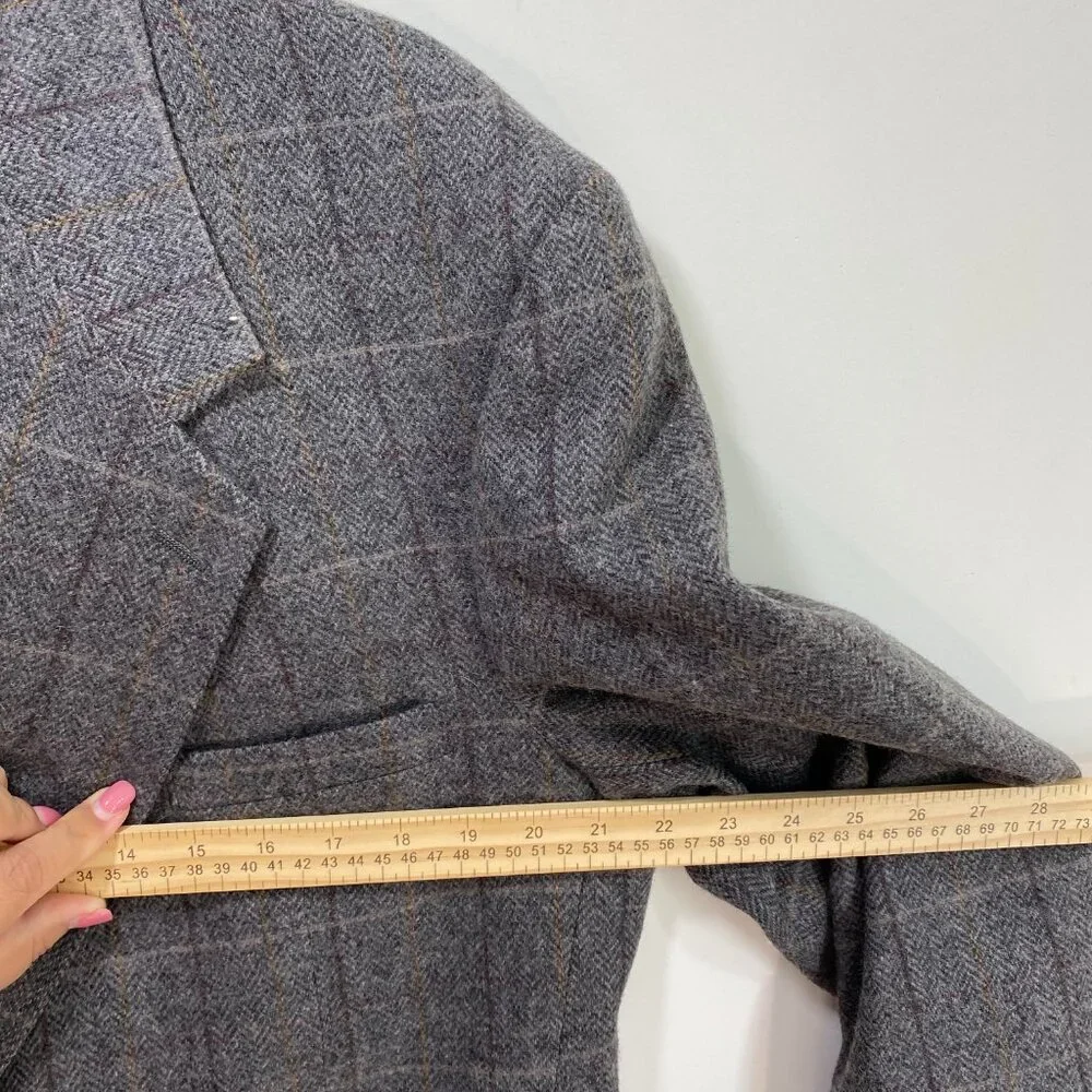 Evan Picone 100% Wool‎ Sport Coat Men 44 LG Gray Plaid Herringbone 2 Button USA